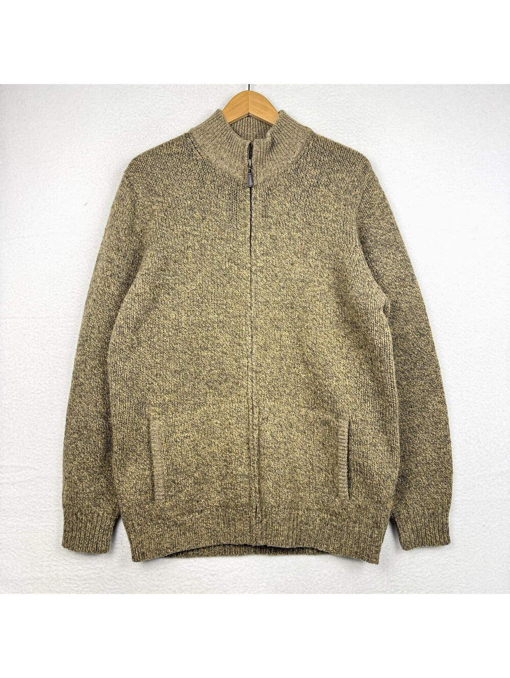 LL BEan Mens Large Tall 100% Lambswool Knit Brown Full Zip Sweater Mock Neck